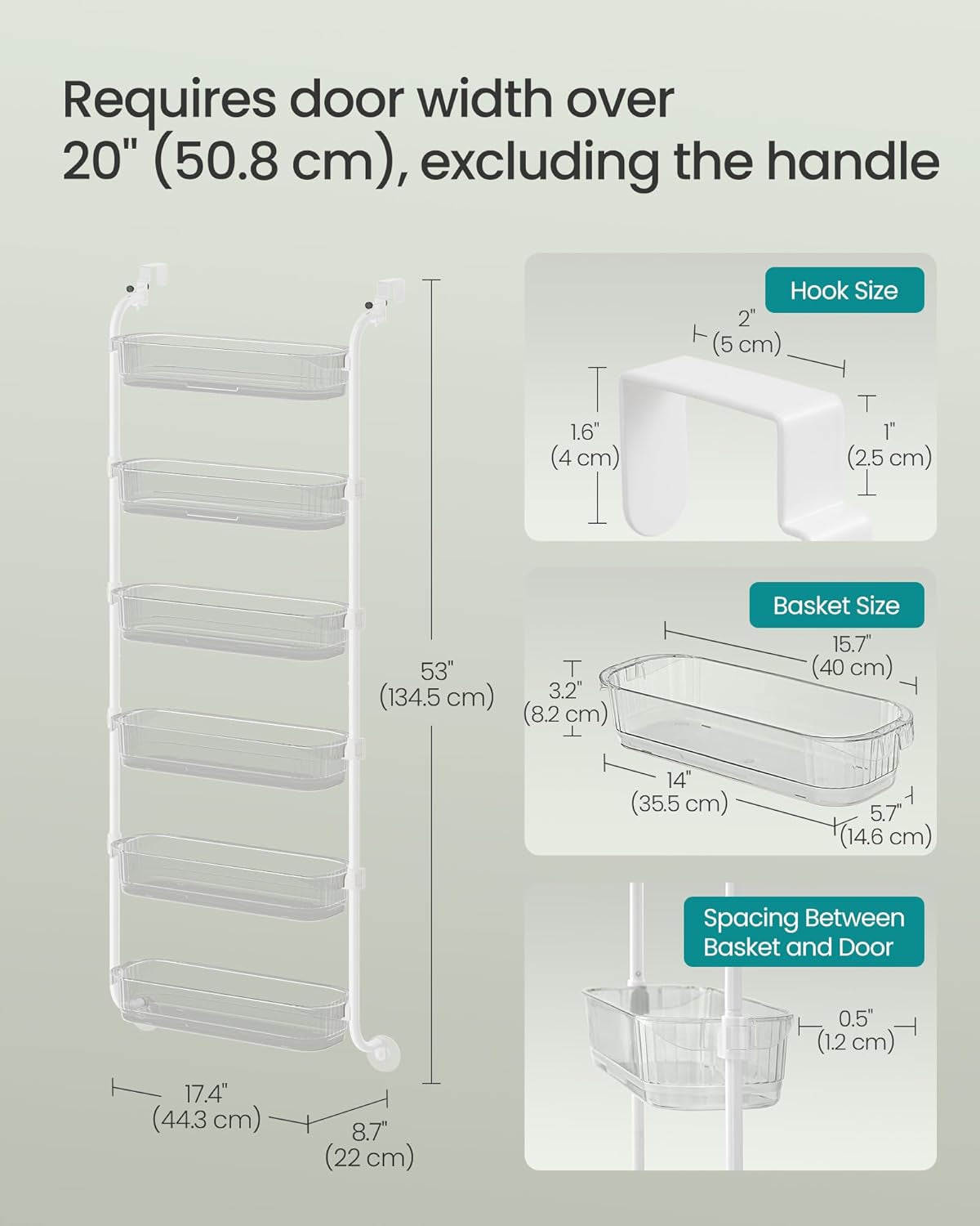 over the Door Pantry Organizer, 6-Tier Kitchen Pantry Door Organizer with Adjustable Tall Baskets, Hanging Spice Rack, for Bedroom Bathroom Laundry Room, Transparent UKCS046WG01