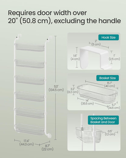 over the Door Pantry Organizer, 6-Tier Kitchen Pantry Door Organizer with Adjustable Tall Baskets, Hanging Spice Rack, for Bedroom Bathroom Laundry Room, Transparent UKCS046WG01