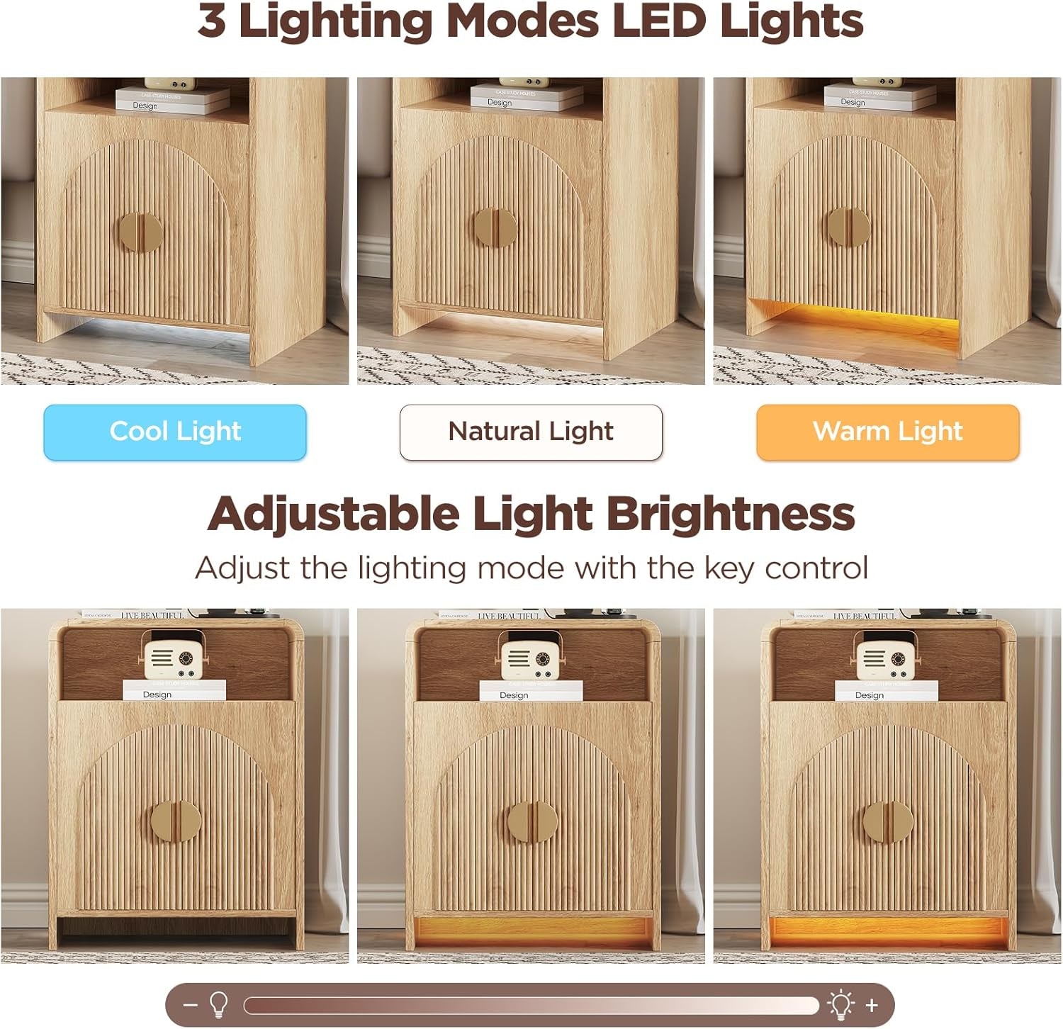 Nightstand with Charging Station and LED Lights, Night Stands with Adjustable Storage Cabinet, Modern Side Table with Fluted Doors and Open Storage, Bedside Table for Bedroom, Natural