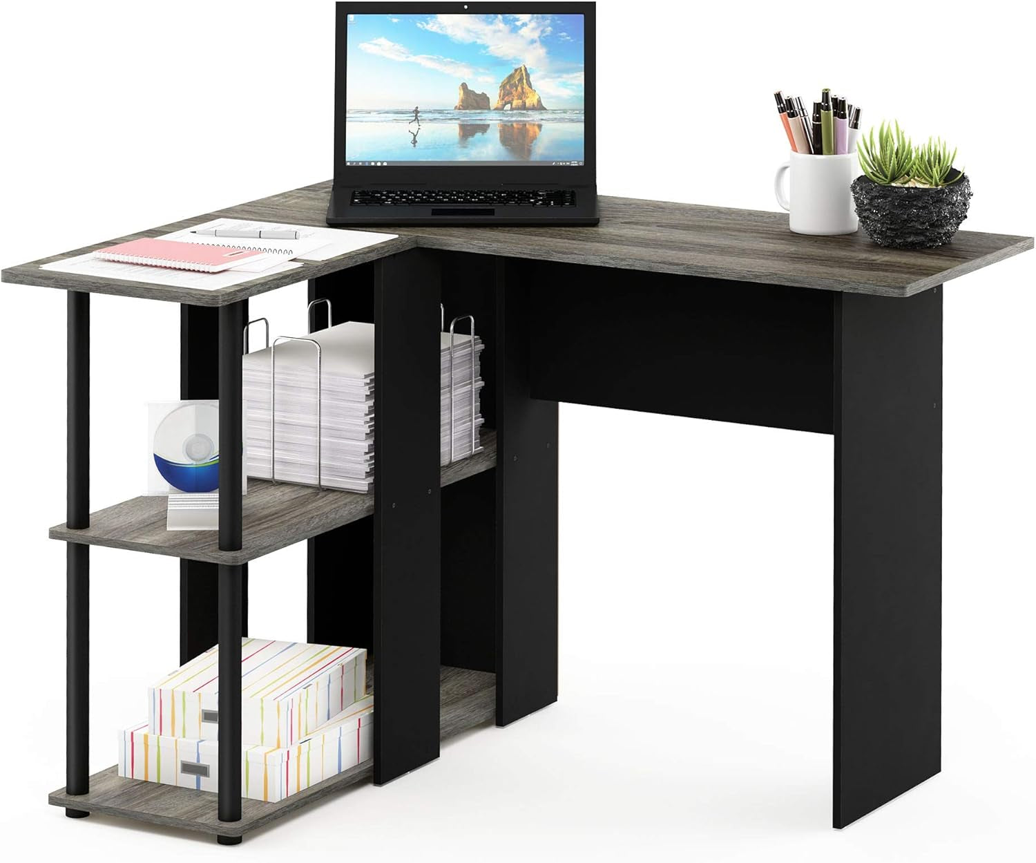Abbott L-Shape Computer Desk with Bookshelf, French Oak Grey/Black