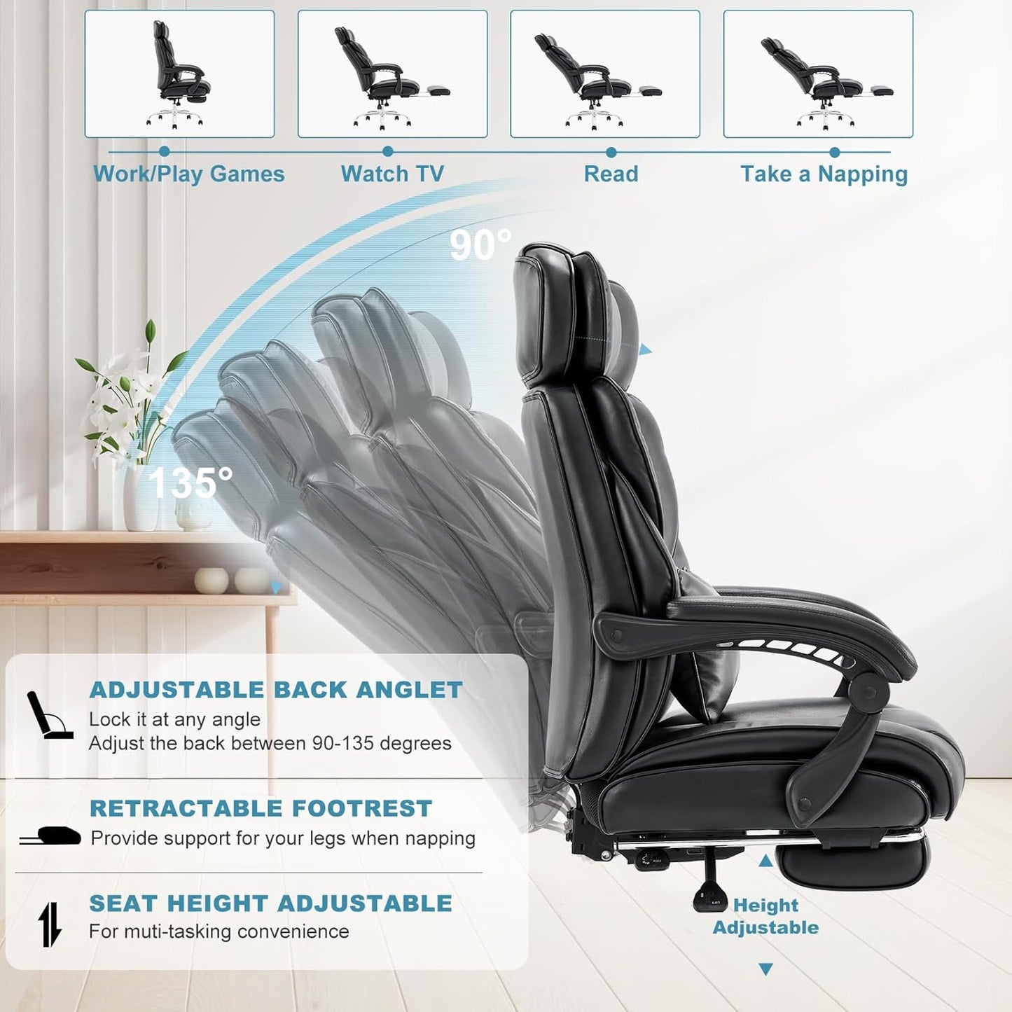 Office Chair with Retractable Footrest, Ergonomic High Back Design Executive Computer Desk Chair with Removable Lumbar Pillow, 90-135°Reclining, Thick Bonded Leather for Home Office Work, Black