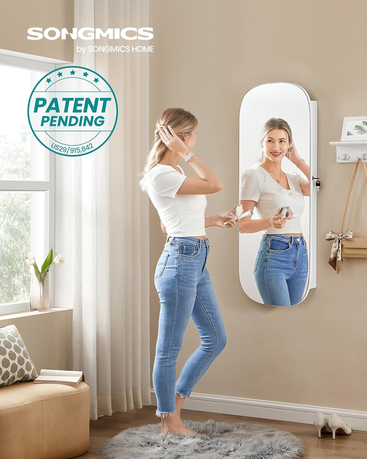 Jewelry Organizer, LED Jewelry Cabinet Wall/Door Mounted, Lockable Rounded Wide Mirror with Storage, Interior Mirror, 3.9 X 16.5 X 42.5 Inches, White Surface with Greige Lining