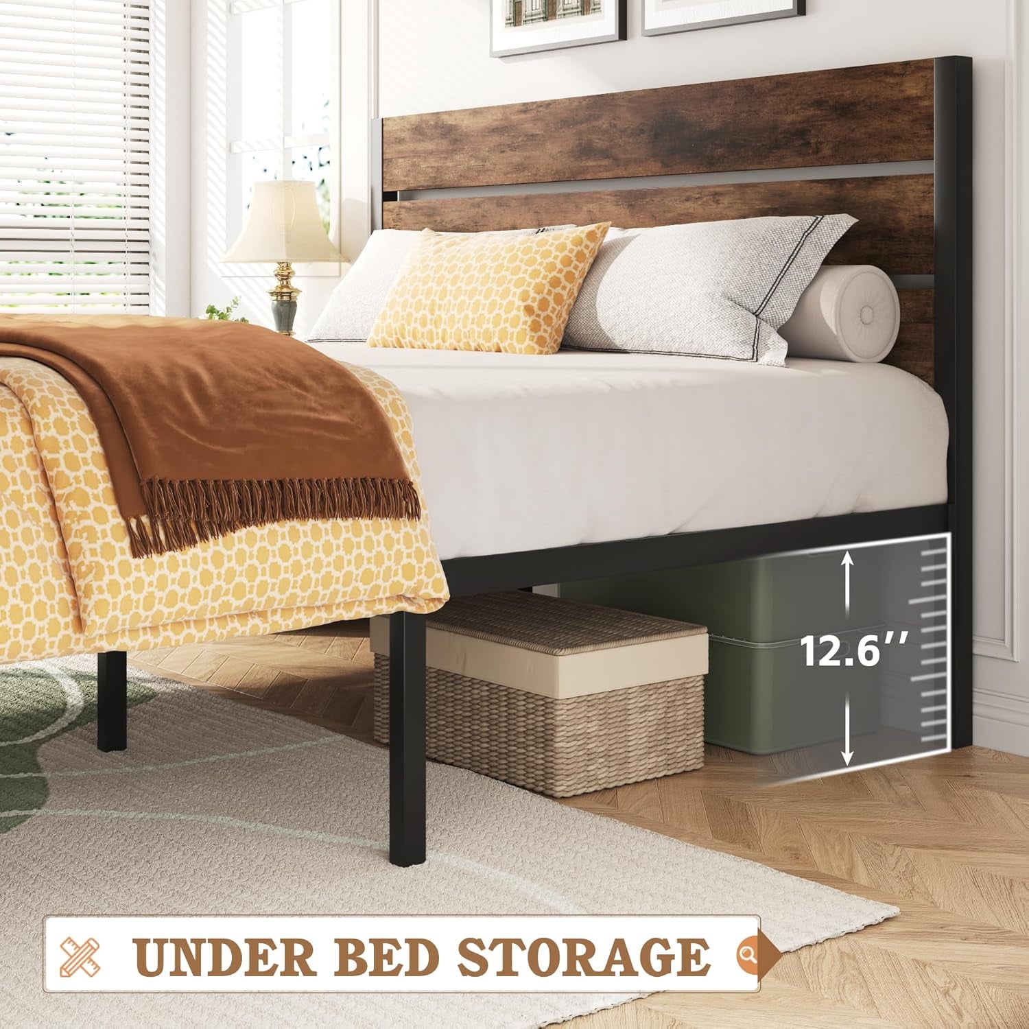 Queen Bed Frame with Headboard and Footboard, Metal Queen Bed Frame with Under-Bed Storage, All-Metal Support System, No Box Spring Needed, Easily Assemble, Rustic Brown