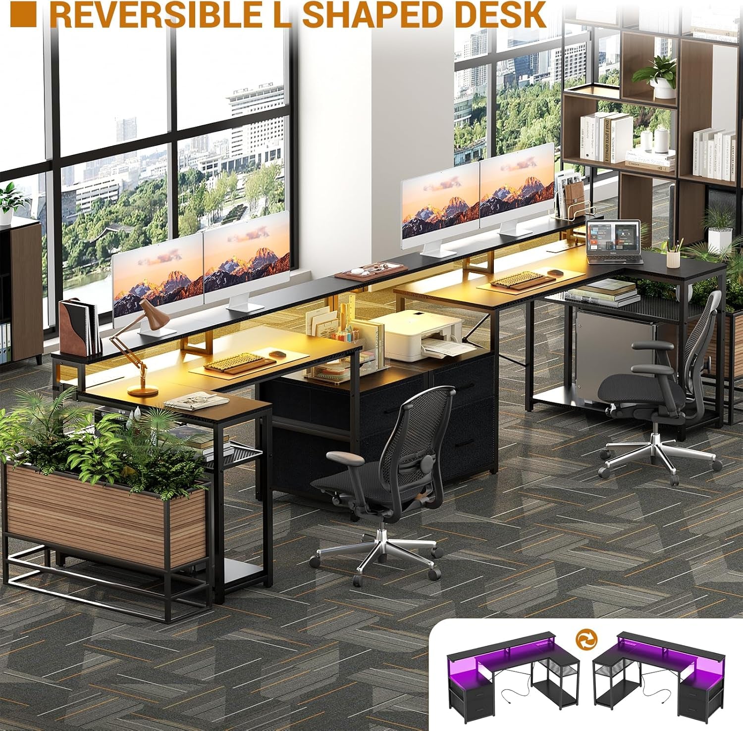 L Shaped Desk with File Drawer, Reversible L Shaped Computer Desk Gaming Desk with Power Outlet & LED Strip, Home Office Desk with Monitor Shelf, Corner Desk with Storage Shelves, Black