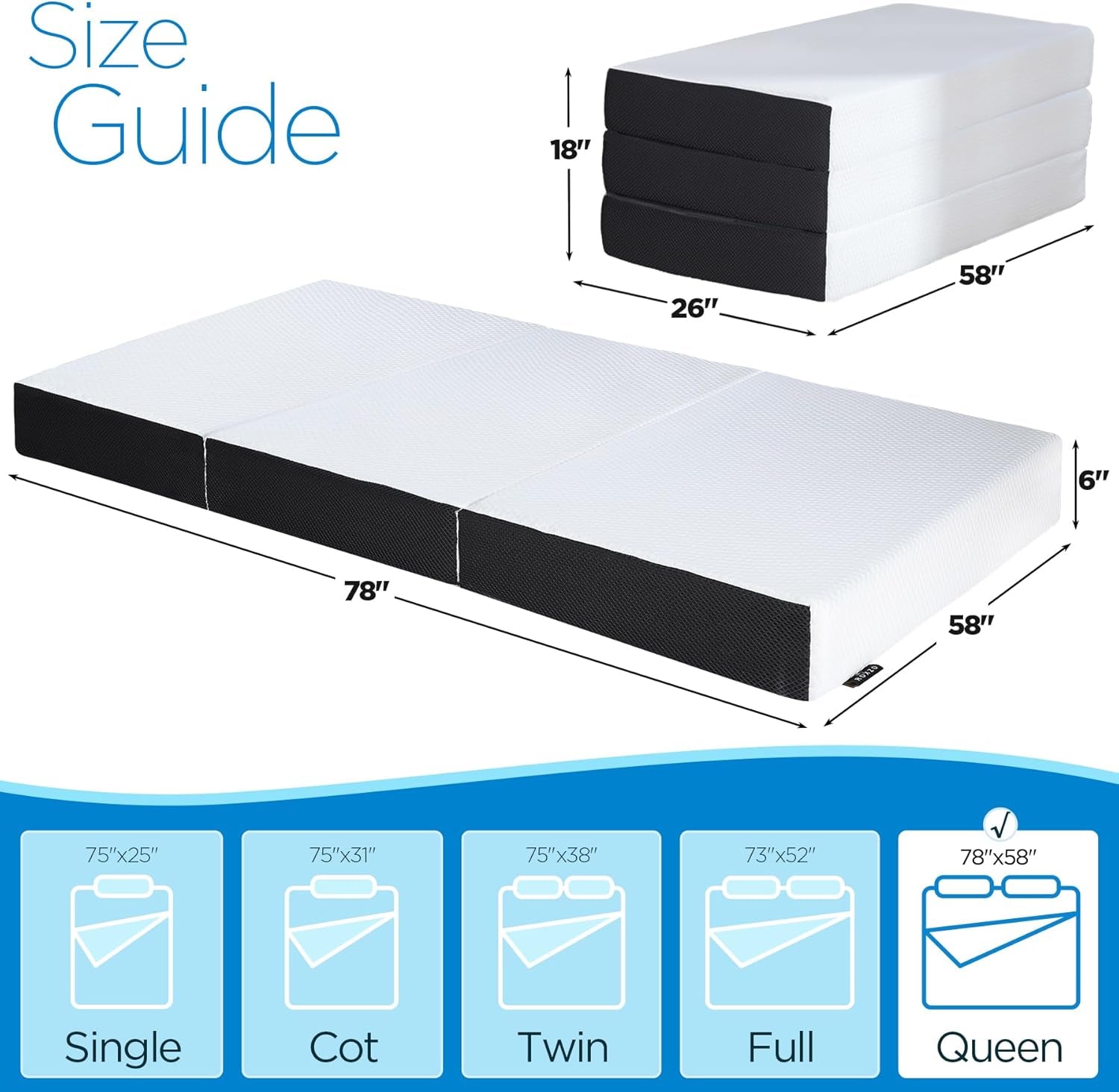 Folding Mattress Queen Size,6 Inch Tri-Fold Memory Foam Mattress Topper with Washable Cover, Non-Slip Bottom Guest Bed Queen Size, 78" X 58" X 6"