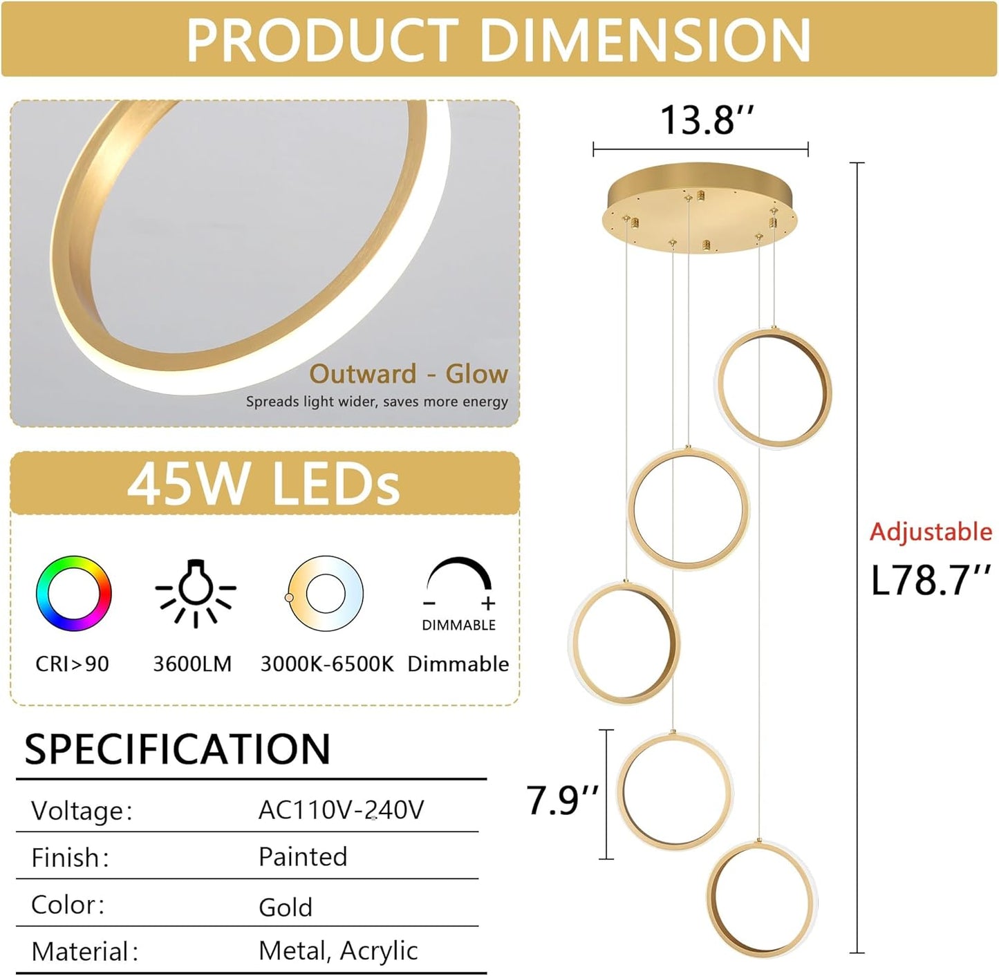 5 Rings Modern LED Chandelier Dimmable Dining Room Light Fixture with Remote 45W Gold Pendant Light for Living Room Foyer