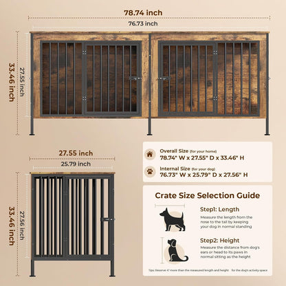Dog Crate Furniture for 2 Large Dogs – 78" XXL Double Dog Kennel with Divider, Extra Large Wooden Dog Cage TV Stand, Heavy Duty Indoor Dog House, Pre-Assembled, Brown