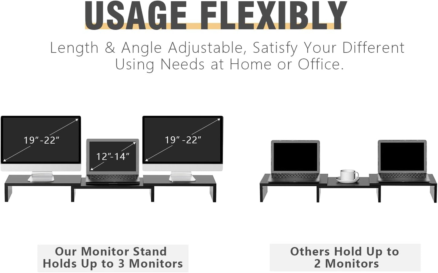 TAVR Dual Monitor Stand Riser Office Desktop Organizer Stand for 2 Monitors, Adjustable Length and Angle 3 Shelf, Extra Long Multifunctional Stand up to 43.3" Fit Computer, Laptop, TV, Black