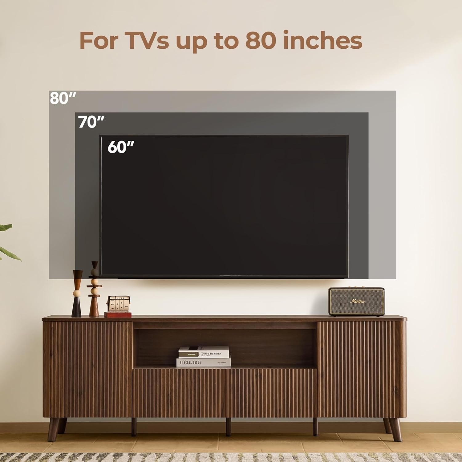 TV Stands for Living Room, Mid Century Modern TV Stand for 80 Inch TV with Storage, Drawers, Adjustable Shelves, Walnut