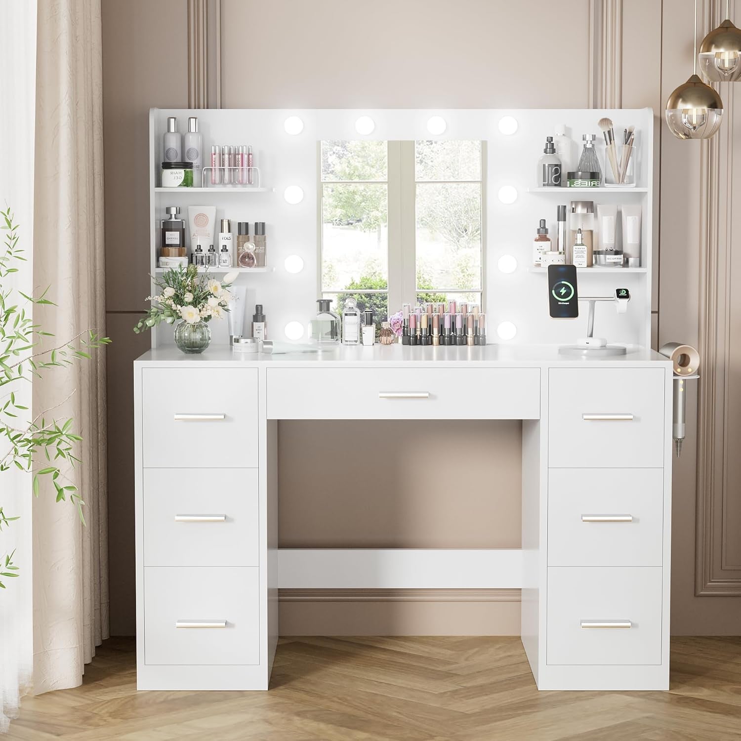 Vanity Desk with Mirror, Power Outlet and 10 Lights, Makeup Table with 7 Drawers, 3 Color Modes Available for Bedroom, Pure White