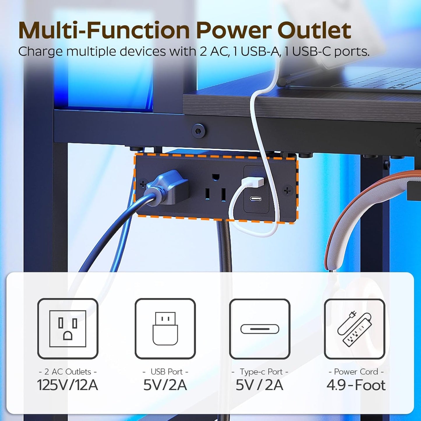 47.2" Computer Desk with Charging Station and LED Lights, Gaming Desk with Monitor Stand, 2-Tier Home Office Desk with 4 Side Hooks, for Living Room, Home Office, Black DN12UDBB