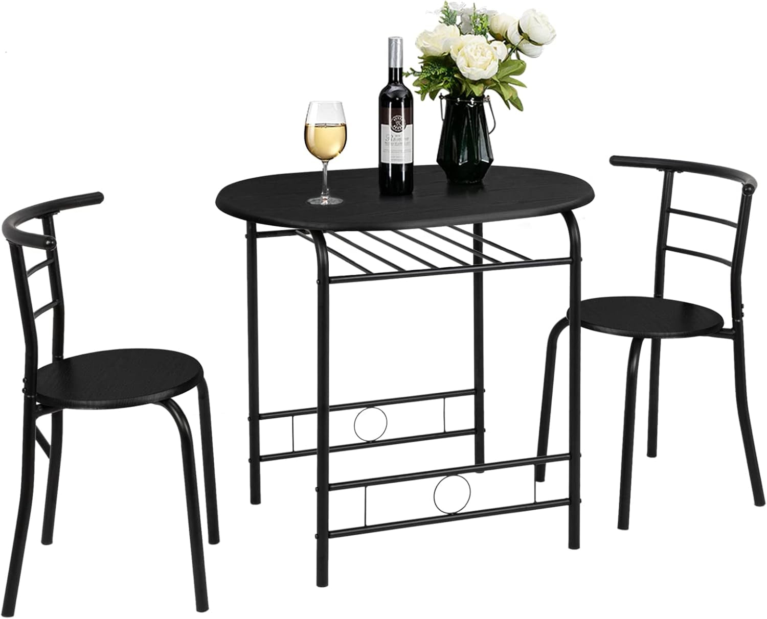 3 Piece Dining Set,Small Kitchen Table Set for 2,Breakfast Table Set,Kitchen Wooden Table and 2 Chairs for Small Space/Dining Room/Apartment,Metal Frame,Wine Rack,Black