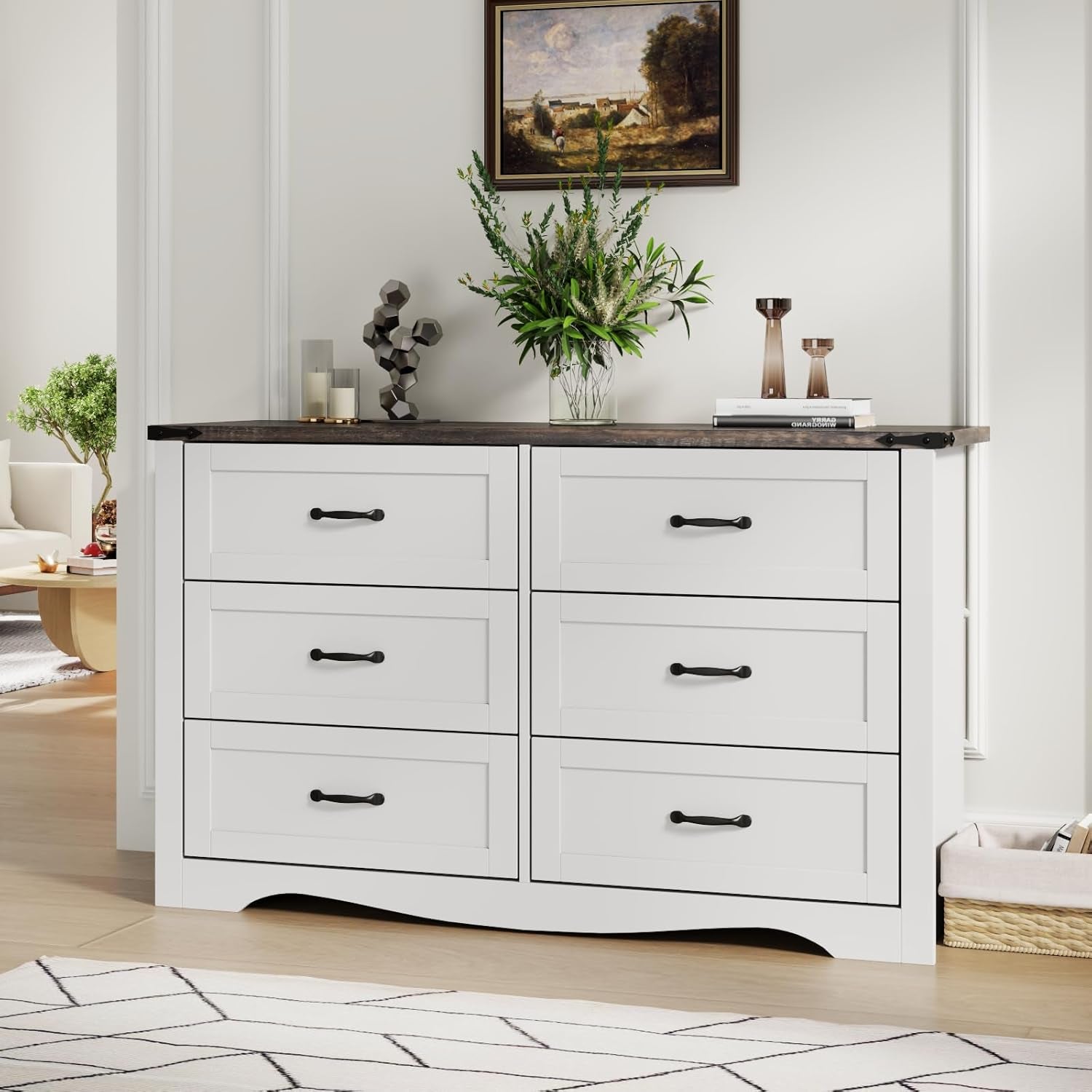 Farmhouse 6 Drawers Double Dresser for Bedroom, Modern White Dresser Chest of Drawers, Wide Dressers Organizer, Accent Storage Cabinet for Closet, Living Room, Hallway, Antique White