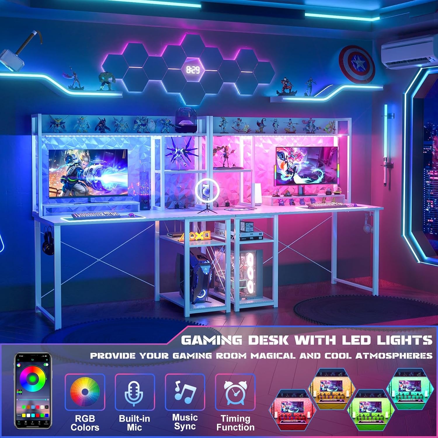 Gaming Desk with Hutch, 39'' Computer Desk with LED Lights & Power Outlets, Home Office Desk with Reversible 5 Tiers Storage Shelves & Monitor Stand, Small Gaming Table for Small Space, White