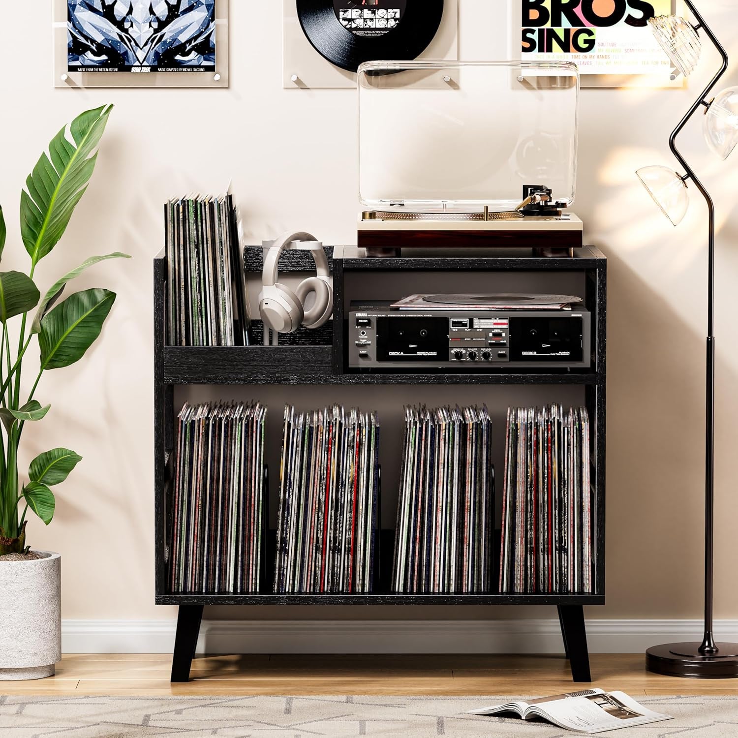 Record Player Stand with Vinyl Storage, Mid-Century Modern Turntable Stand Holds 150+ Albums, Record Player Table with Metal Dividers, Wood Media Console for Living Room (Black, Single-Sided Medium)