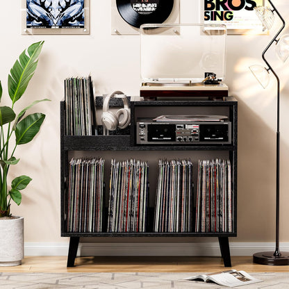 Record Player Stand with Vinyl Storage, Mid-Century Modern Turntable Stand Holds 150+ Albums, Record Player Table with Metal Dividers, Wood Media Console for Living Room (Black, Single-Sided Medium)