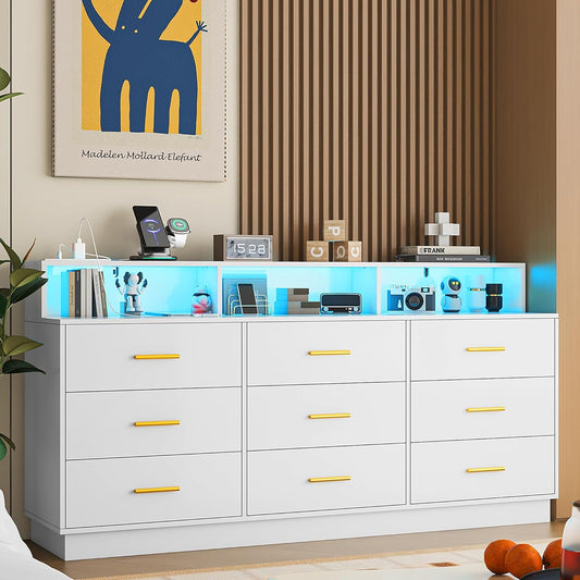White 9 Drawer Dressers for Bedroom, Modern Large Dresser with LED Light and Power Outlet, Wooden Long Dresser for Bedroom, Entryway, Hallway