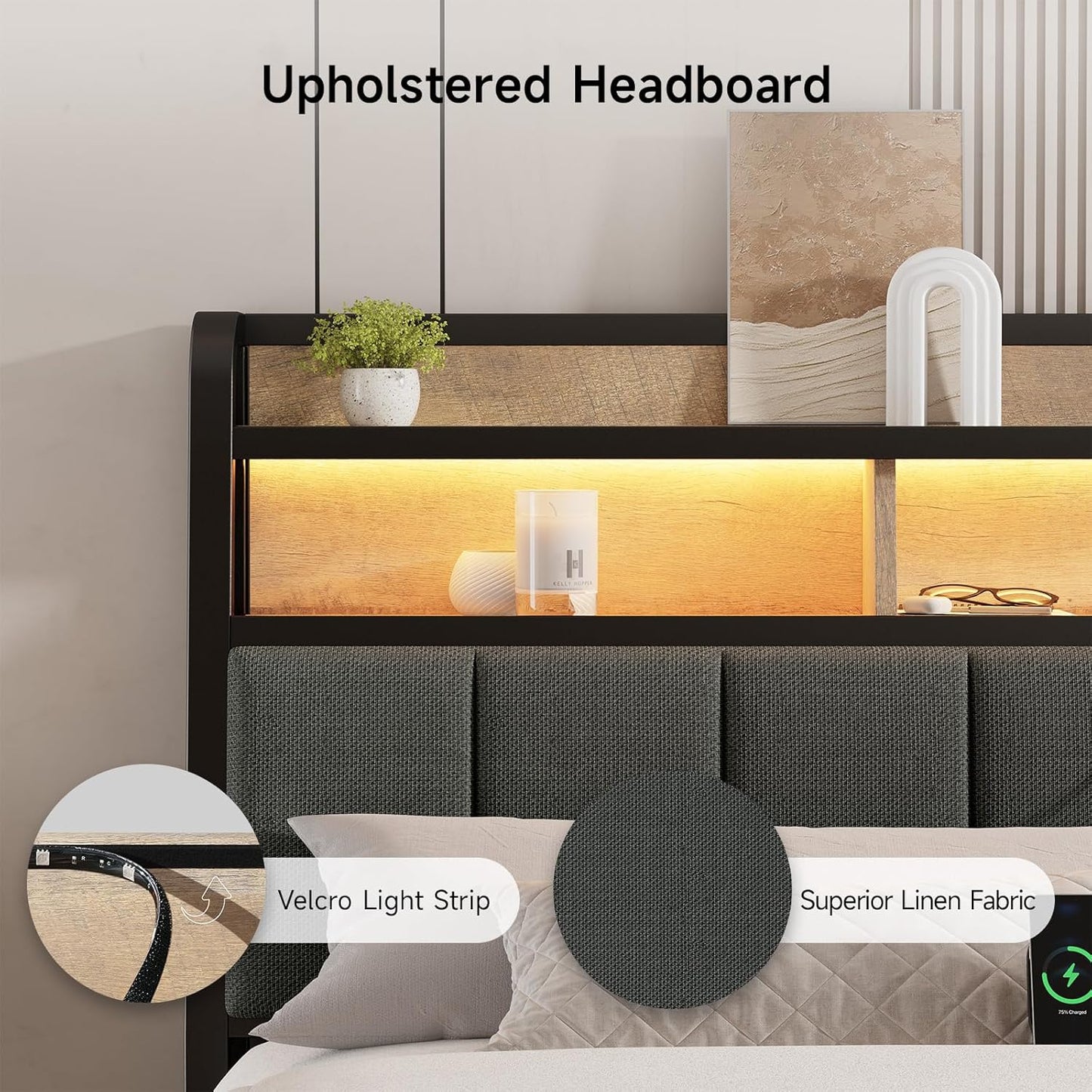 Ergonomic Headboard for Queen Size Bed with 2-Tier Storage, Upholstered Headboard with Outlets, USB Ports, LED Light, Queen Head Board Only, Height Adjustable, Sturdy and Stable, Black & Brown