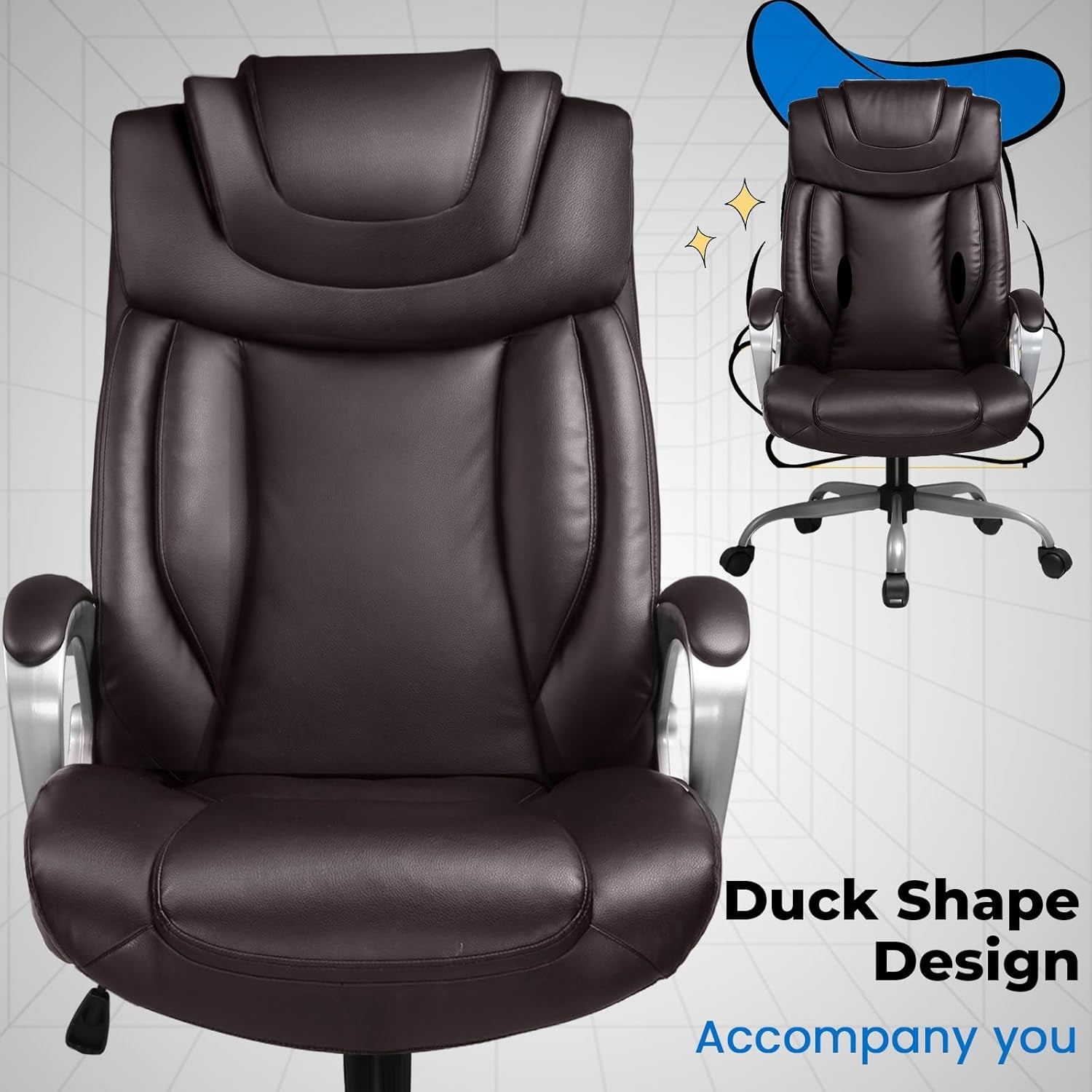 Ergonomic Office Chair Wheels Home Office Desk Chairs Comfy Back Support PU Leather Executive Office Chair with Headrest Padded Armrests Height Adjustable Tilt Swivel Rolling Reclining Seat