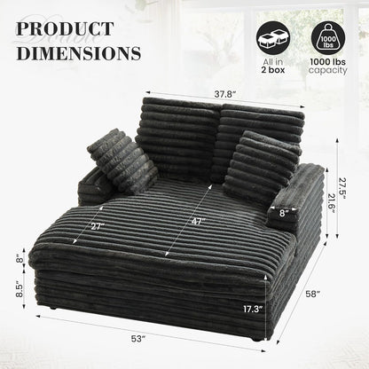 58" Oversized Chaise Lounge Chair, Fluffy Cozy Sleep Couch with 4 Striped Faux Fur Throw Pillow, Modern ‌Full Size Sofa Bed Couch for Living Room, Bedroom, Playroom, Dark Grey