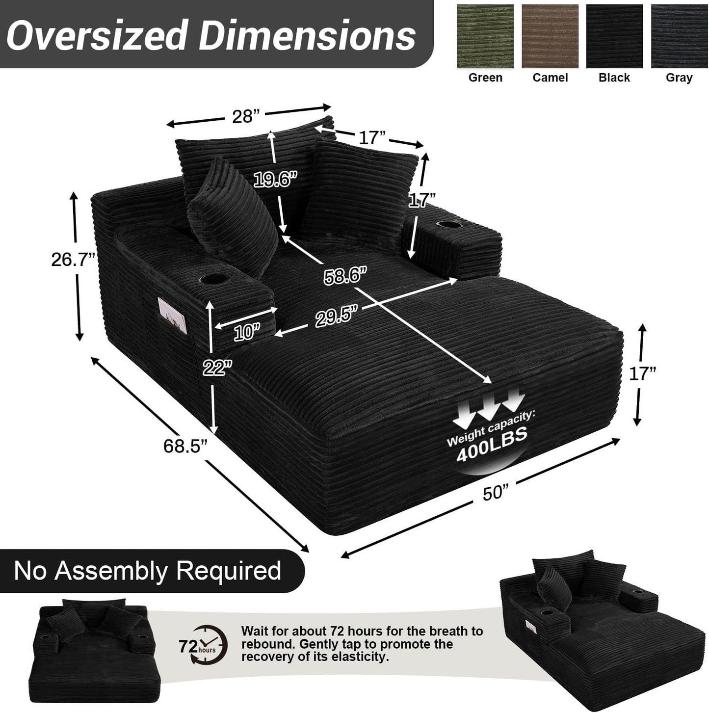 50"W X 68"D Oversized Chaise Lounge Chair Indoor Boneless Reading Chair Plush Corduroy Recliner with Cup Holders Large Deep Seat Comfy Sofa Bed Couch with 3 Pillows for Living Room Bedroom, Black