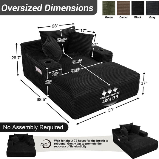 50"W X 68"D Oversized Chaise Lounge Chair Indoor Boneless Reading Chair Plush Corduroy Recliner with Cup Holders Large Deep Seat Comfy Sofa Bed Couch with 3 Pillows for Living Room Bedroom, Black