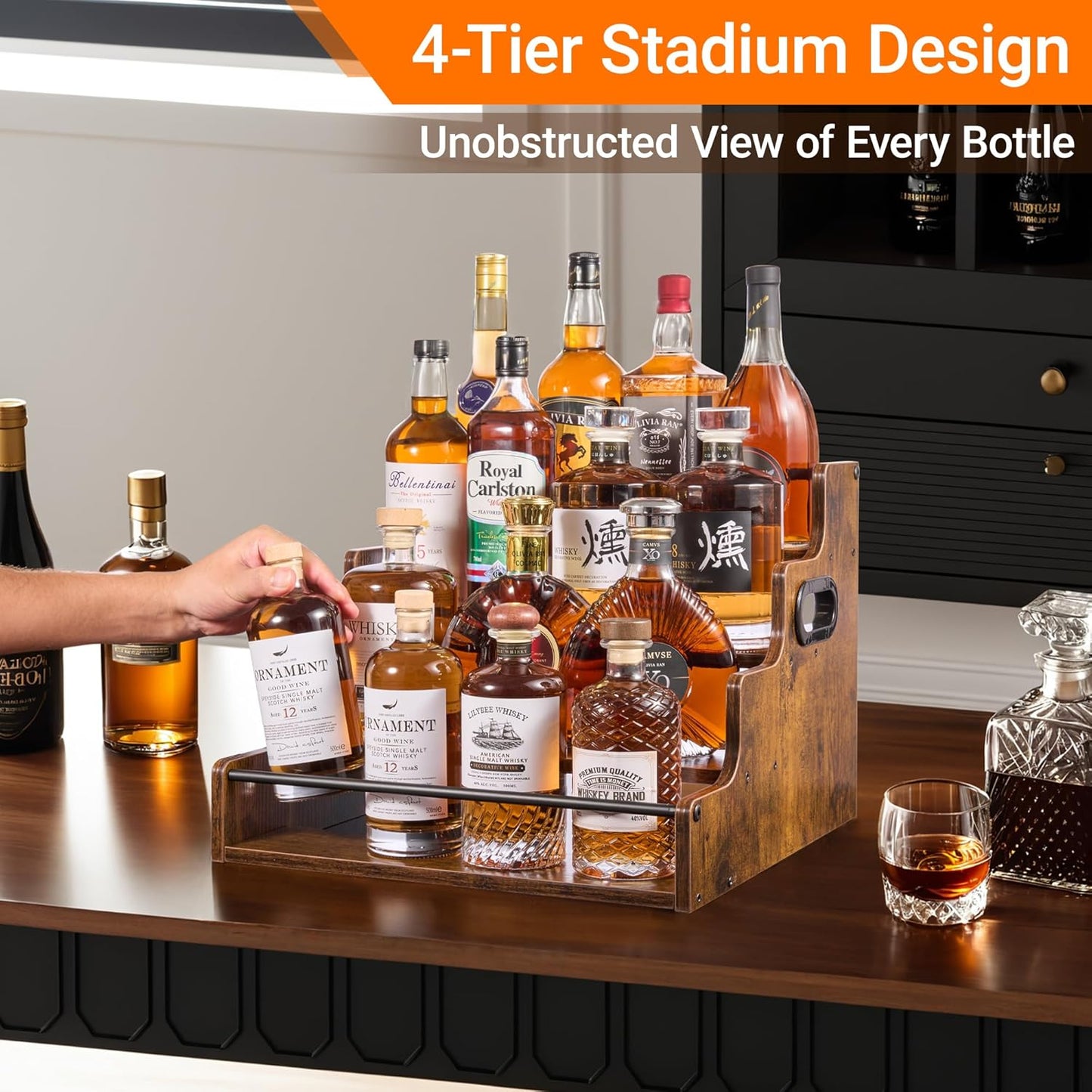 4-Tier Liquor Bottle Display Shelf, Coffee Syrup Rack Organizer, Water Bottle Organizer, Mini Bar Cabinet, Rustic Bar Shelves for Liquor Whiskey, Spirits