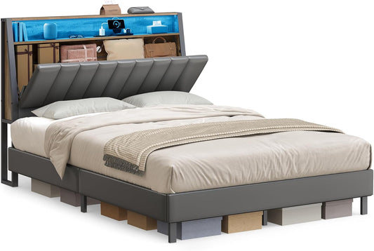 LED Bed Frame Full Size, Storage Headboard and Charging Station, Full Bed Frame with 2 AC Outlets, 1 USB Port, 1 Type-C Port, No Box Spring Needed, Dove Gray and Camel Brown URMB842G01