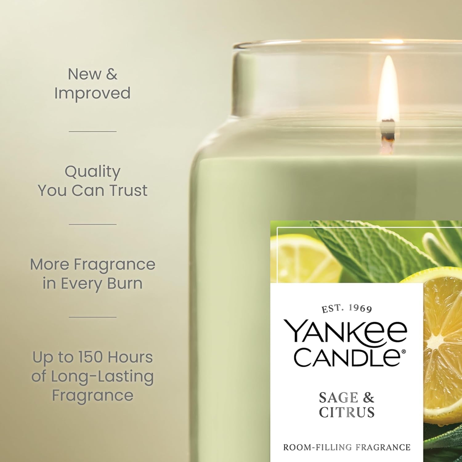 Large Jar Scented Candle with up to 150 Hour Burn Time, Premium Plant Wax Blend for Consistent Burn, 22 Oz Jar Candle with Room Filling Fragrance, Sage & Citrus