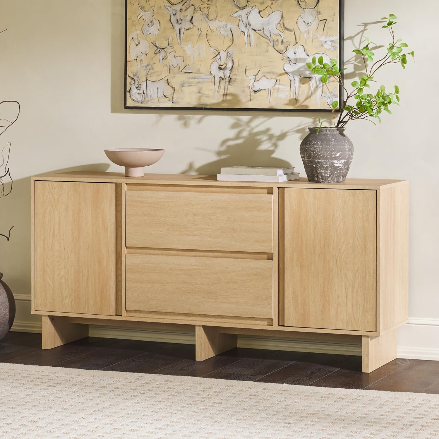 Modern Beveled 2-Door, 2-Drawer Sideboard, 63 Inch, Coastal Oak