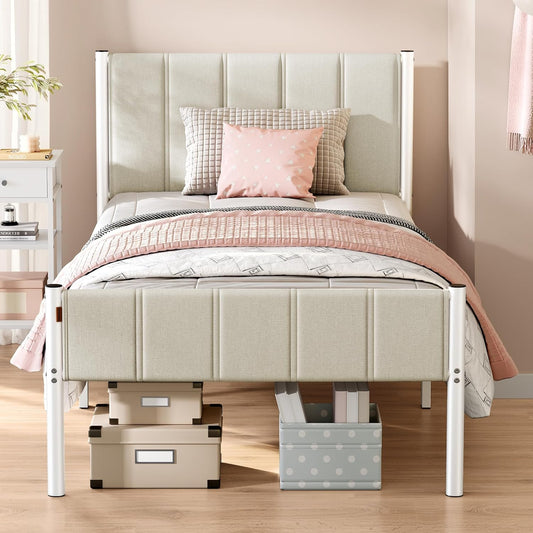 Twin Bed Frame with Upholstered Headboard, Metal Bed Frame Twin Size with Footboard, 550 Lb Weight Capacity, Steel Slats, Easy Assembly, No Box Spring Needed, Cappuccino Beige URMB983W01V1