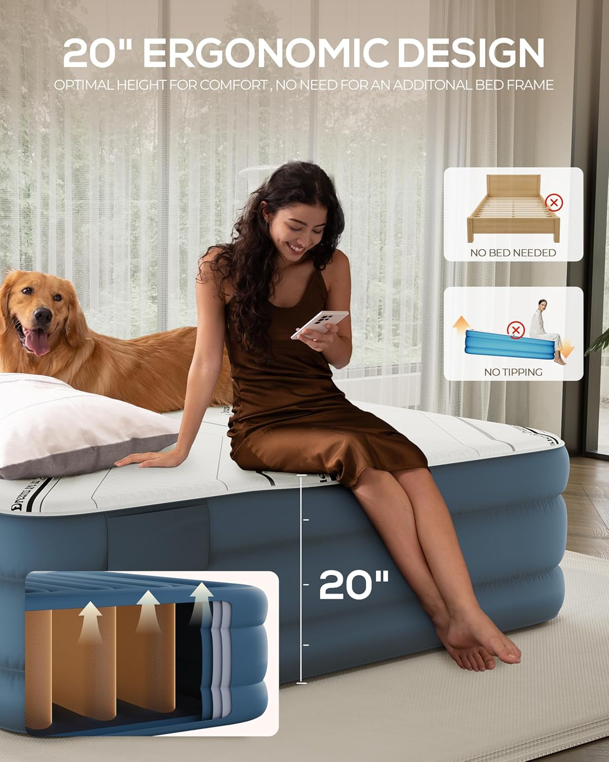 20” Tall Luxury Air Mattress with Quilted Foam Topper, Extra Firm Support with U-Shaped PVC Strap Inflatable Bed, Quiet & Comfortable Blow up Bed for Home Guests, Camping, Travel, Fast Inflate Airbed