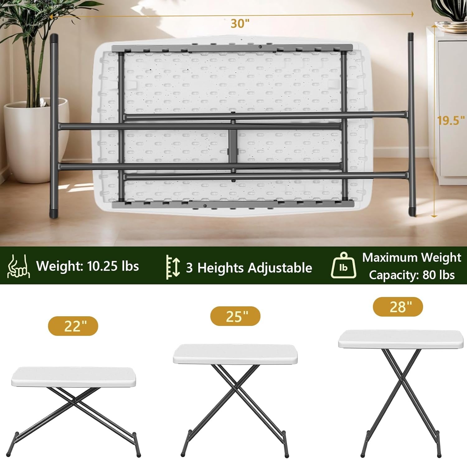 Folding Table 30 Inch - Small Desk Adjustable Height TV Tray for Laptop, Couch, Camping - Heavy Duty Utility Foldable Table for Small Spaces, No Assembly Required, White Granite