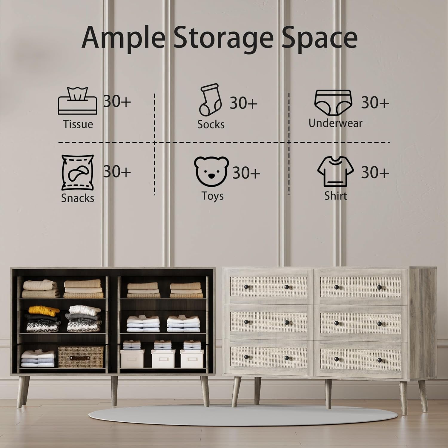 Dresser for Bedroom with 6 Drawer, Rattan Chest of Dressers, Wide Wood Double Dresser, Wooden TV Stand Closet Storage Furniture, Boho Small Clothes Organizer for Hallway, Living Room, Entryway, Grey