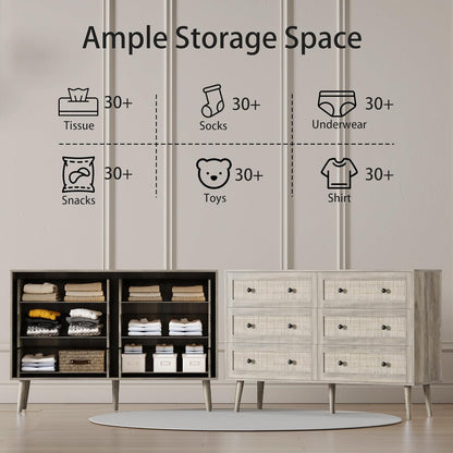 Dresser for Bedroom with 6 Drawer, Rattan Chest of Dressers, Wide Wood Double Dresser, Wooden TV Stand Closet Storage Furniture, Boho Small Clothes Organizer for Hallway, Living Room, Entryway, Grey