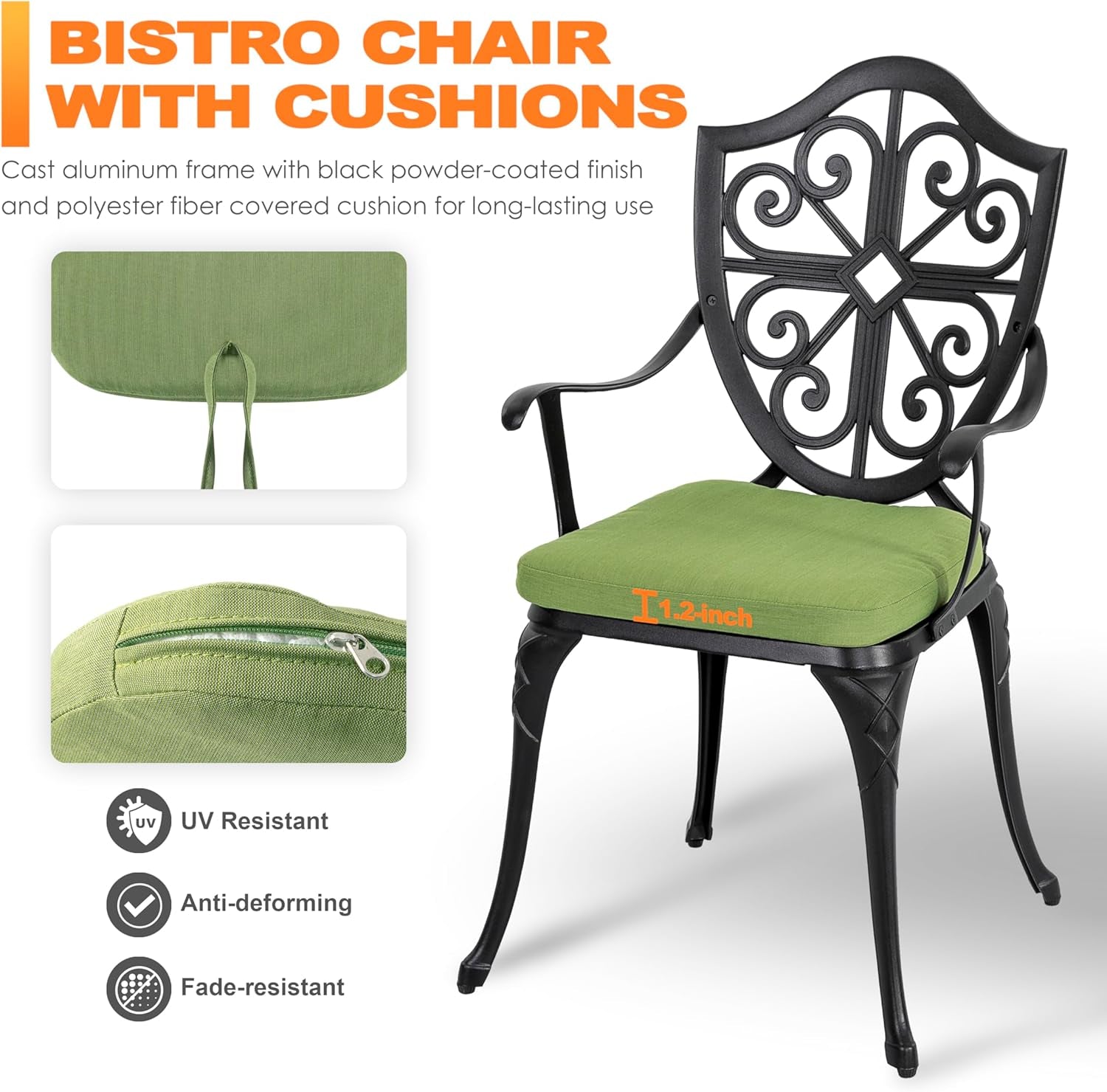 Outdoor 3-Piece Bistro Set with Cushions, round 24 Inch Cast Aluminum Bistro Table with 2.17" Umbrella Hole, 2 Cast Aluminum Bistro Chairs, for Patio, Garden, Backyard and Balcony, Black