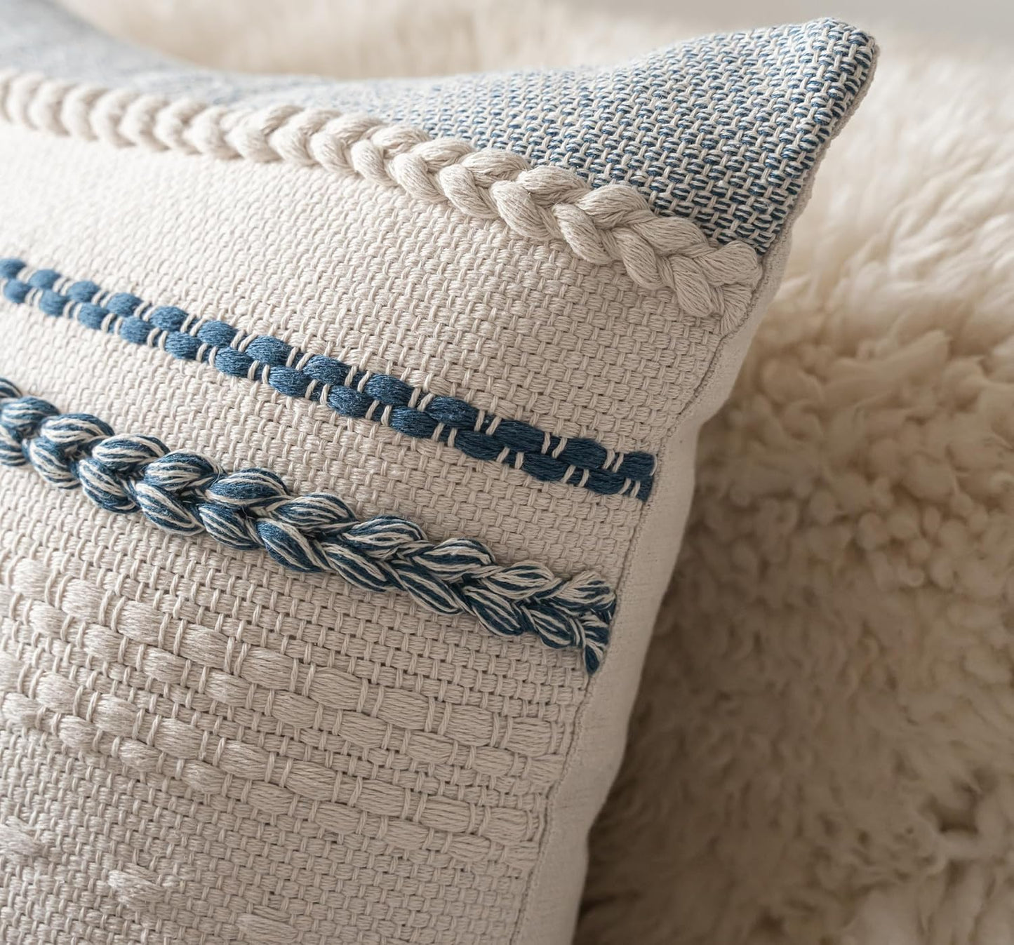 Boho Throw Pillow Covers 18X18 Inch Set of 2, Blue Textured Decorative Couch Pillow Cases for Farmhouse Home Decor, Accent Cushion Cover for Sofa, Bed, Living Room, Bedroom