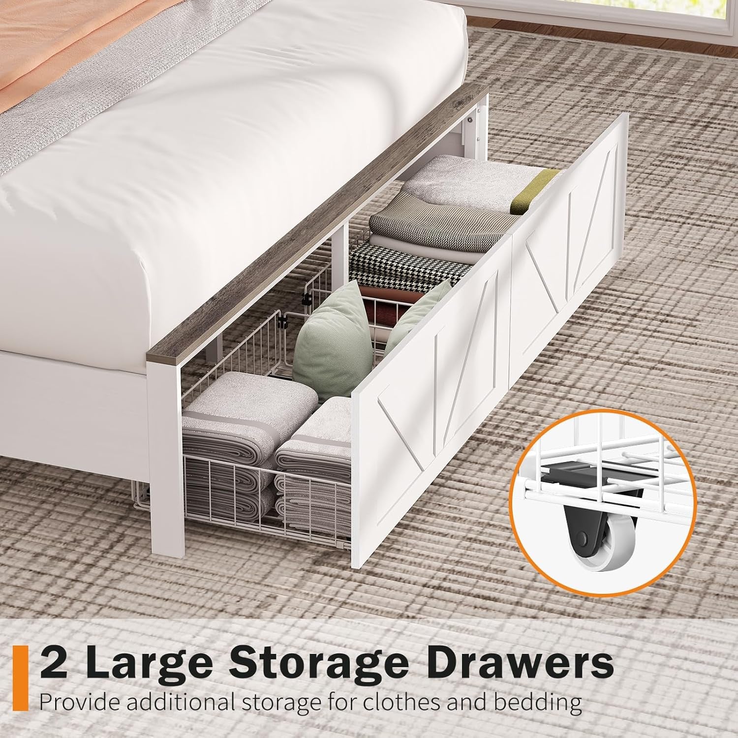 Queen Bed Frame with Headboard, Bed Frame Queen Size with Charging Station, LED Beds with 2 Storage Drawers, Wood Farmhouse Bedframe Queen-Size, Noise-Free and No Box Spring Needed