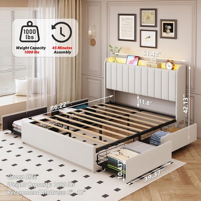 Queen Bed Frame with 4 Drawers and Storage Headboard, Upholstered Platform Bed Frame Queen Size with Led Lights and Handy Charging Station, No Box Spring Needed, Easy Assembly, Noise Free, Beige
