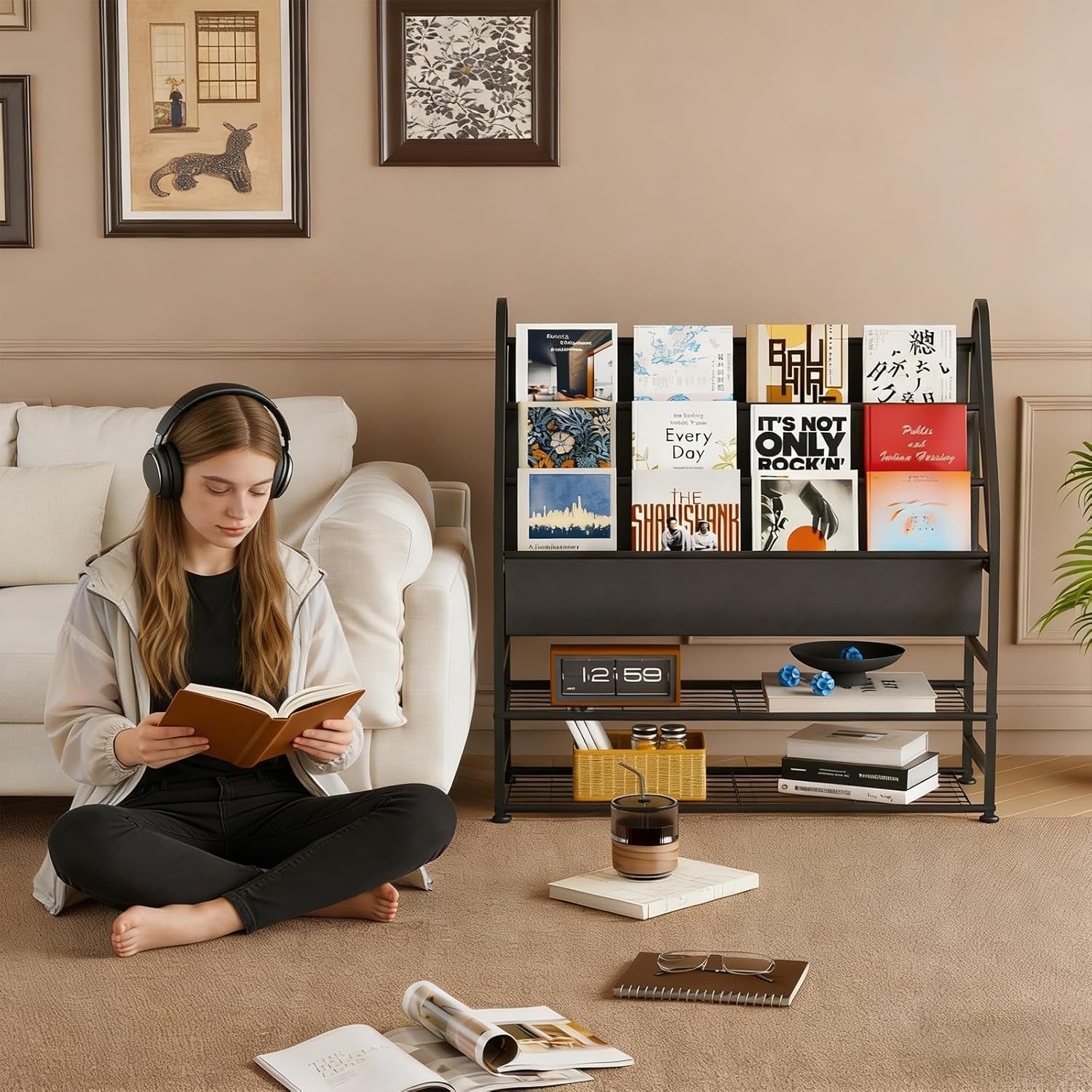 Vinyl Record Storage with Vinyl Shelf Display, Large Capacity Record Player Stand up to 300 Albums 12" D X 31" W X 33" H, Vinyl Record Holder for Lp/Cd/Dvd/Magazine/Books/Album, Black