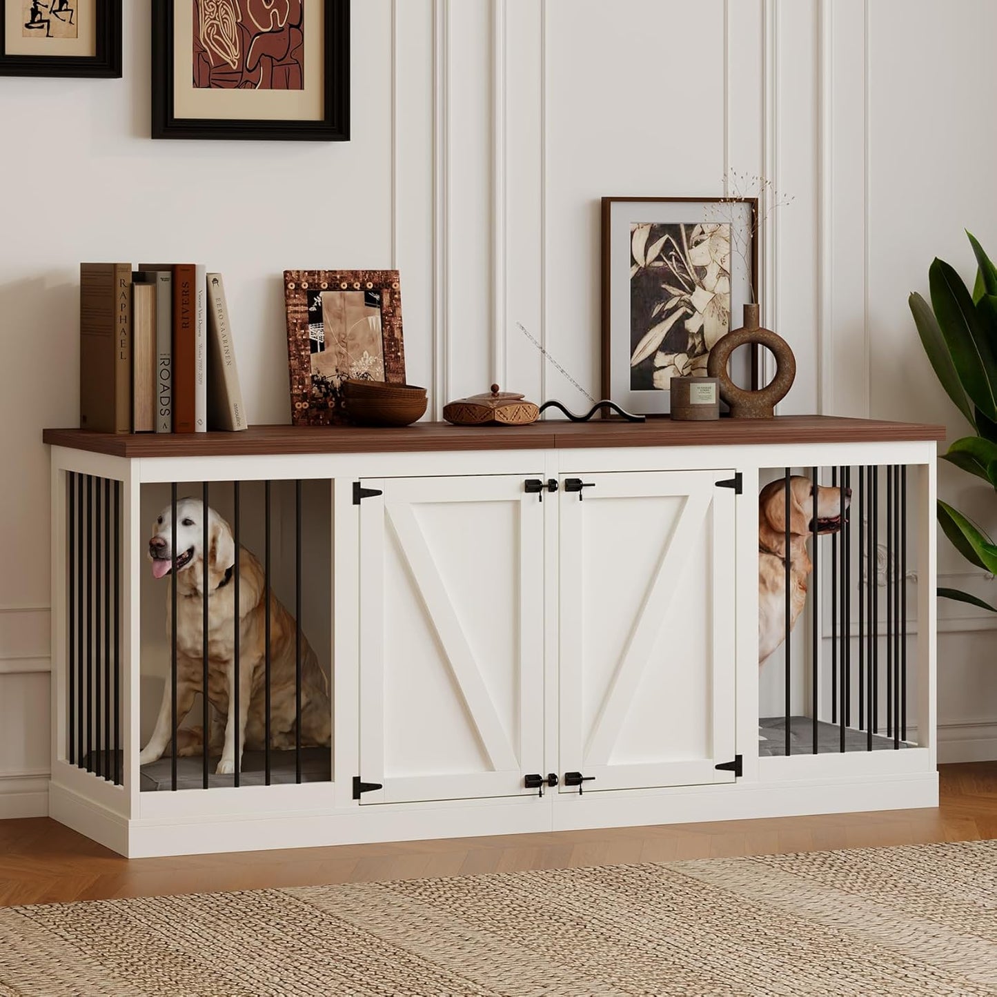 Dog Crate Furniture - Indoor Wooden Dog Kennel Furniture with Room Divider - 71"X23.6"X31.5"H, White