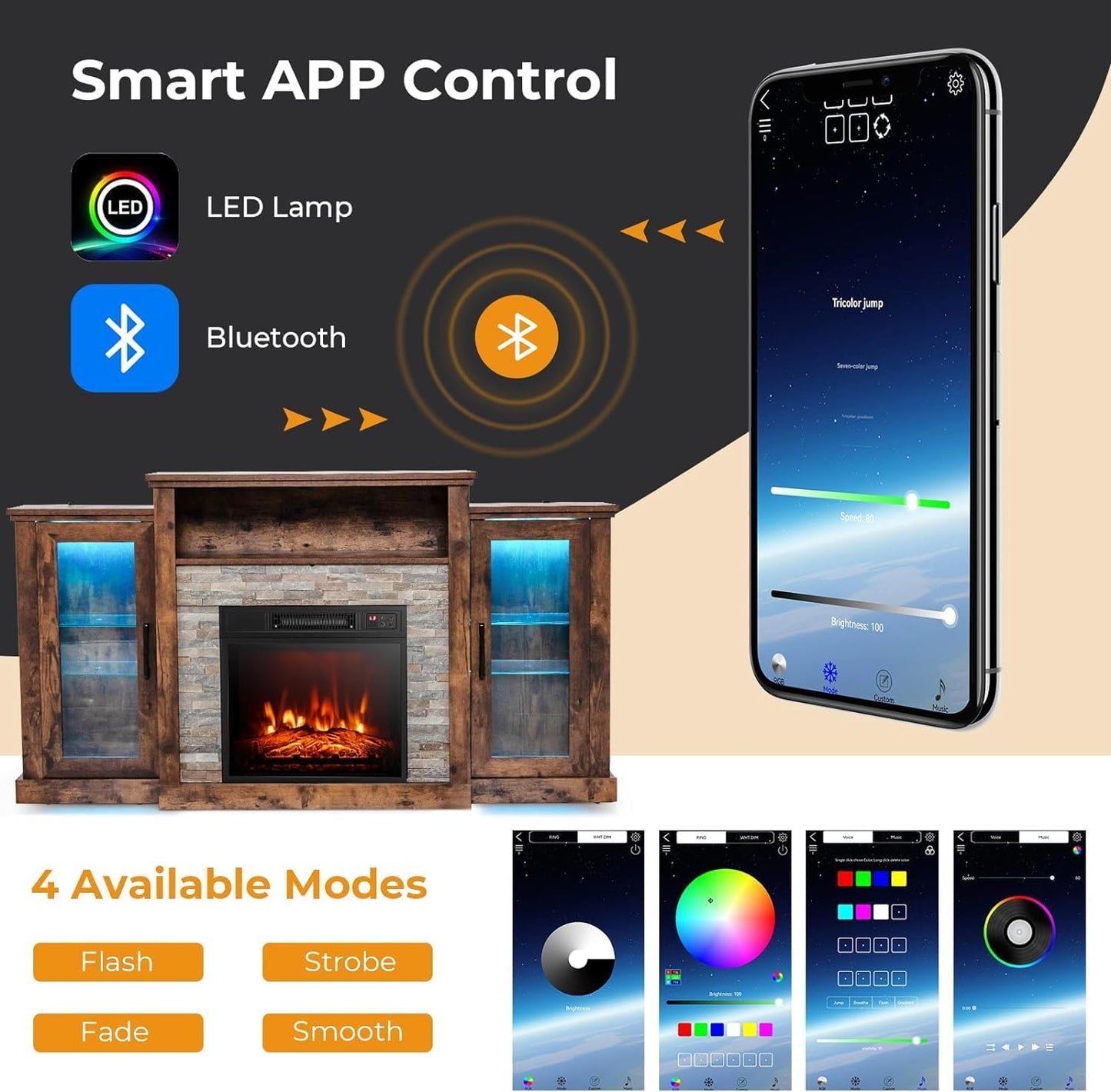 Electric Fireplace TV Stand for Tvs up to 65’’, TV Console with 16-Color LED Light, Adjustable Glass Shelves, 19’’ Fireplace Insert with Remote & APP Control, Entertainment Center (Brown)