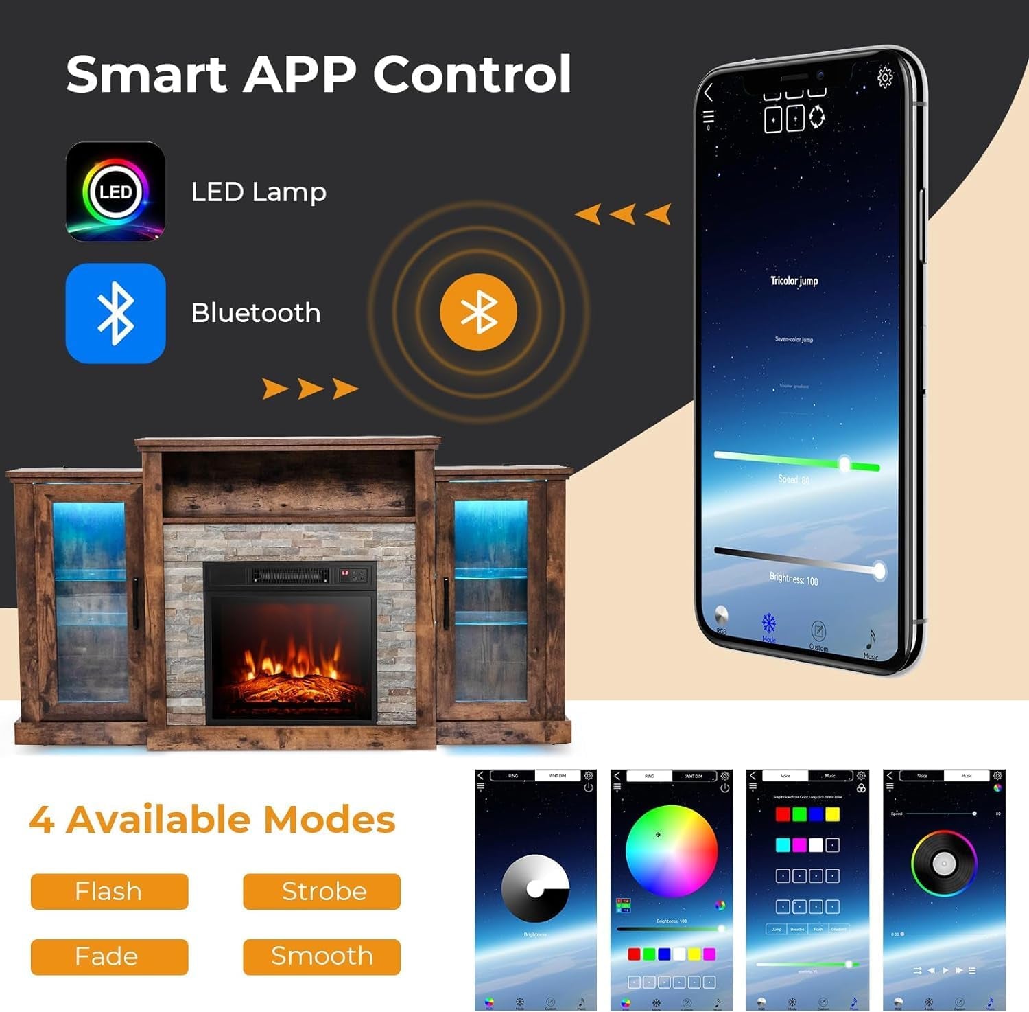 Electric Fireplace TV Stand for Tvs up to 65’’, TV Console with 16-Color LED Light, Adjustable Glass Shelves, 19’’ Fireplace Insert with Remote & APP Control, Entertainment Center (Brown)