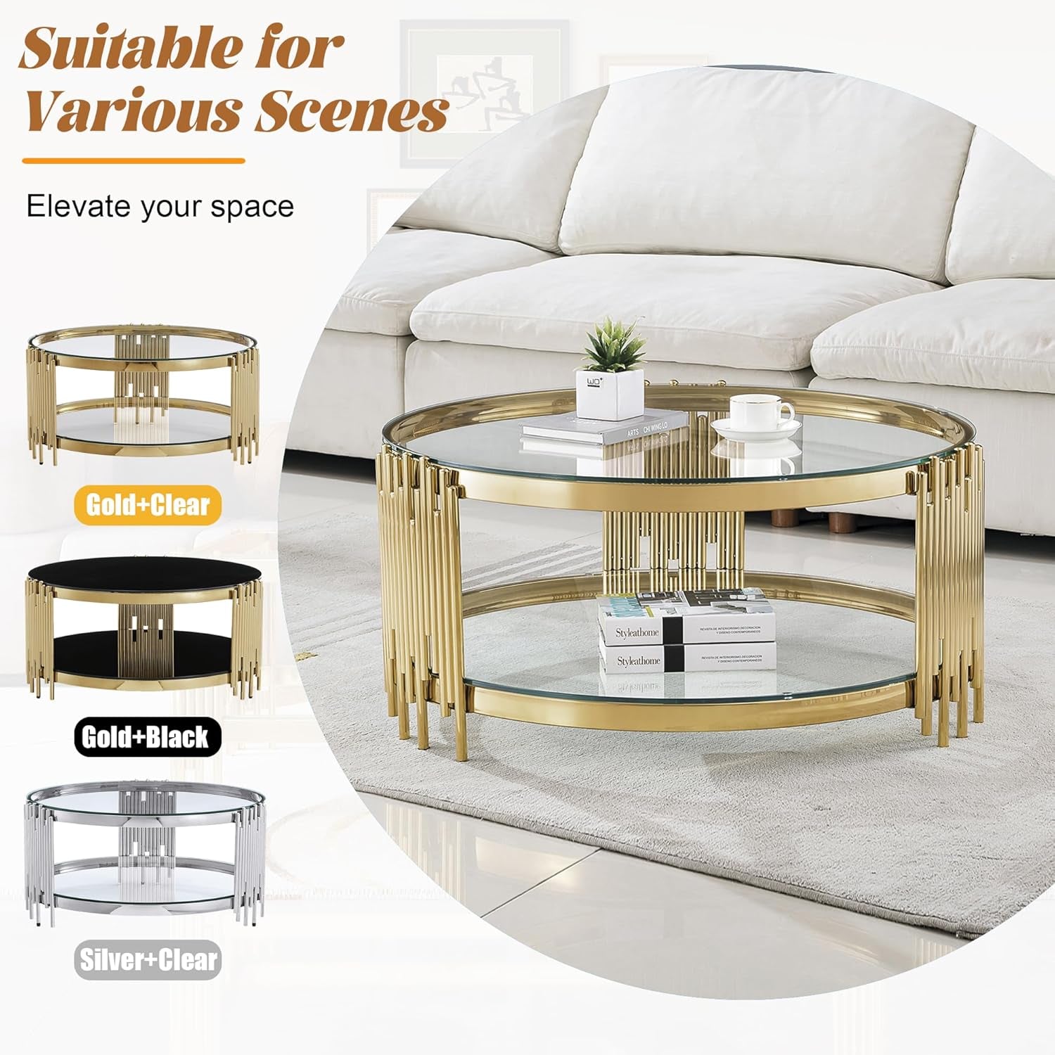 Round Glass Coffee Table Set of 3, Gold Living Room Table Set with Coffee Table and 2 End Table, 2-Tier Glass Table with Stainless Steel Legs and Clear Tempered Glass for Living Room