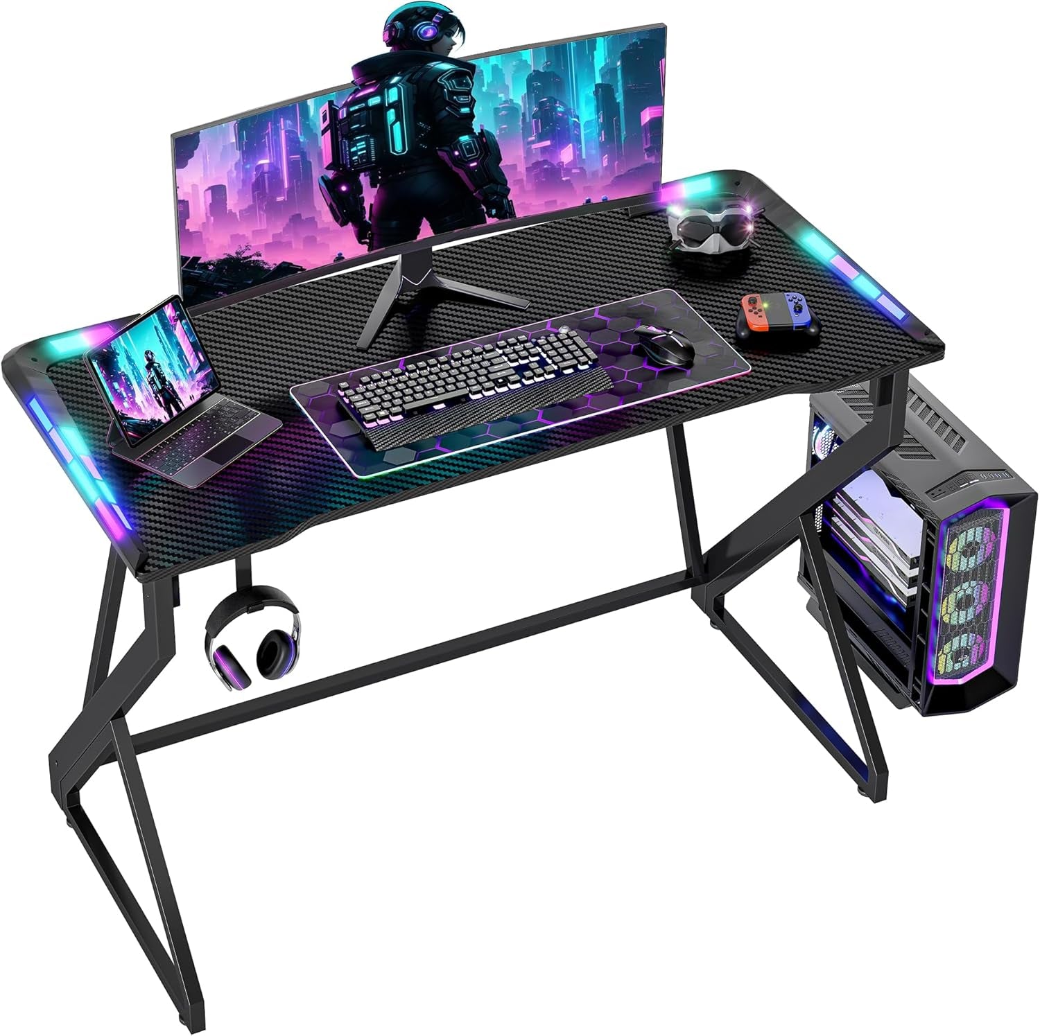 Gaming Desk with LED Lights, 40 Inch Computer Desk Z Shaped Gamer Workstation, Gaming Table with Carbon Fiber Surface, PC Gamer Desk, Black