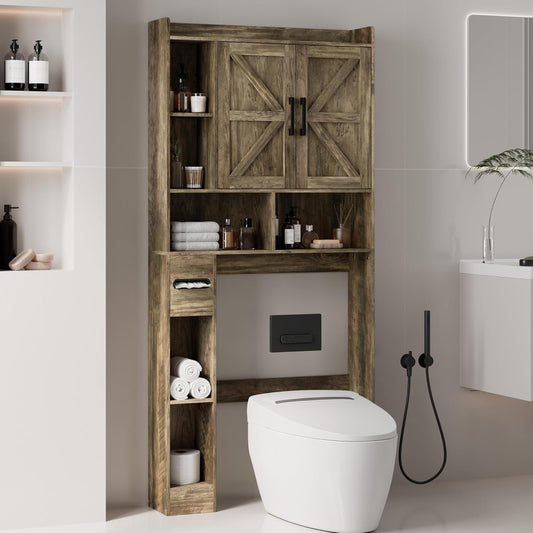 Over the Toilet Storage Cabinet, Tall Bathroom Cabinet Organizer with Adjustable Shelves and Toilet Paper Holder, 32" W Farmhouse Storage Cabinet with 2 Barn Doors for Laundry, Restroom, Grey
