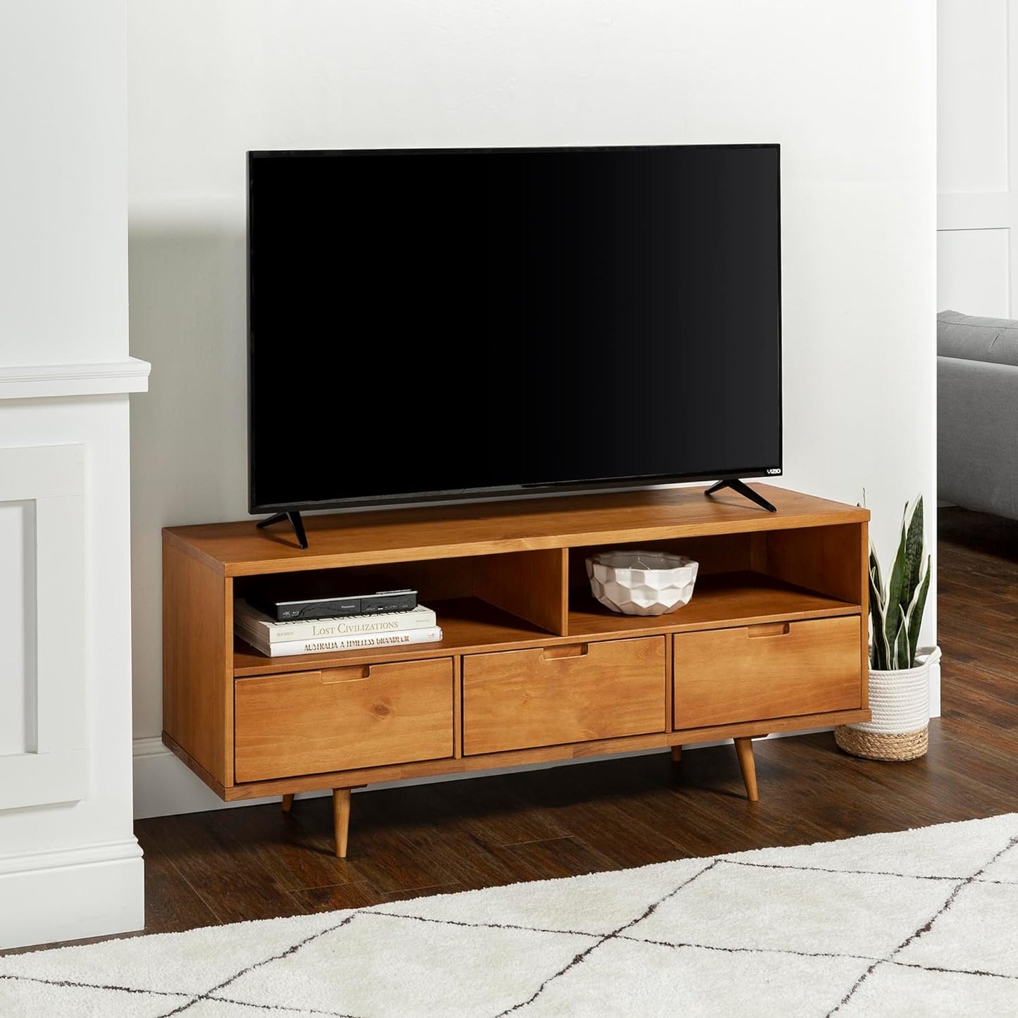 3-Drawer Mid Century Modern Wood TV Stand for Tv'S up to 65" Flat Screen Cabinet Door Living Room Storage Entertainment Center, 58 Inch, Caramel