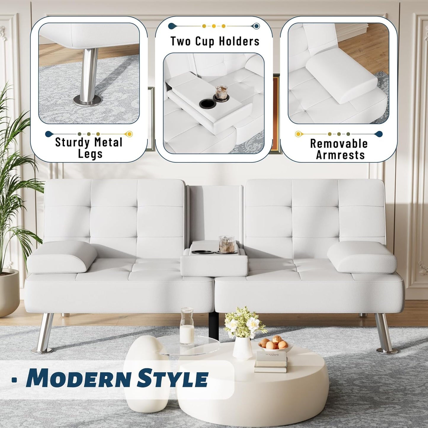 Futon Sofa Bed Adjustable Futon Couch Sleeper Sofa Bed for Living Room, Business Office, Recliner Sofas with Cup Holders (PU Leather, White)