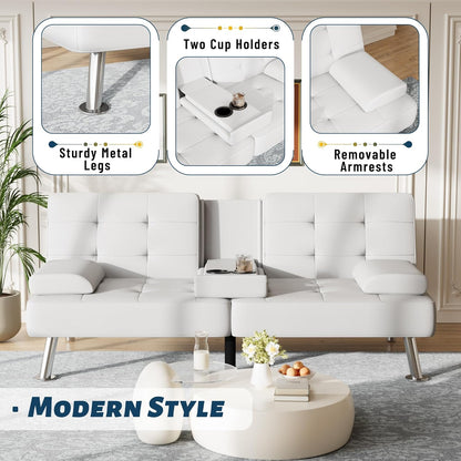 Futon Sofa Bed Adjustable Futon Couch Sleeper Sofa Bed for Living Room, Business Office, Recliner Sofas with Cup Holders (PU Leather, White)