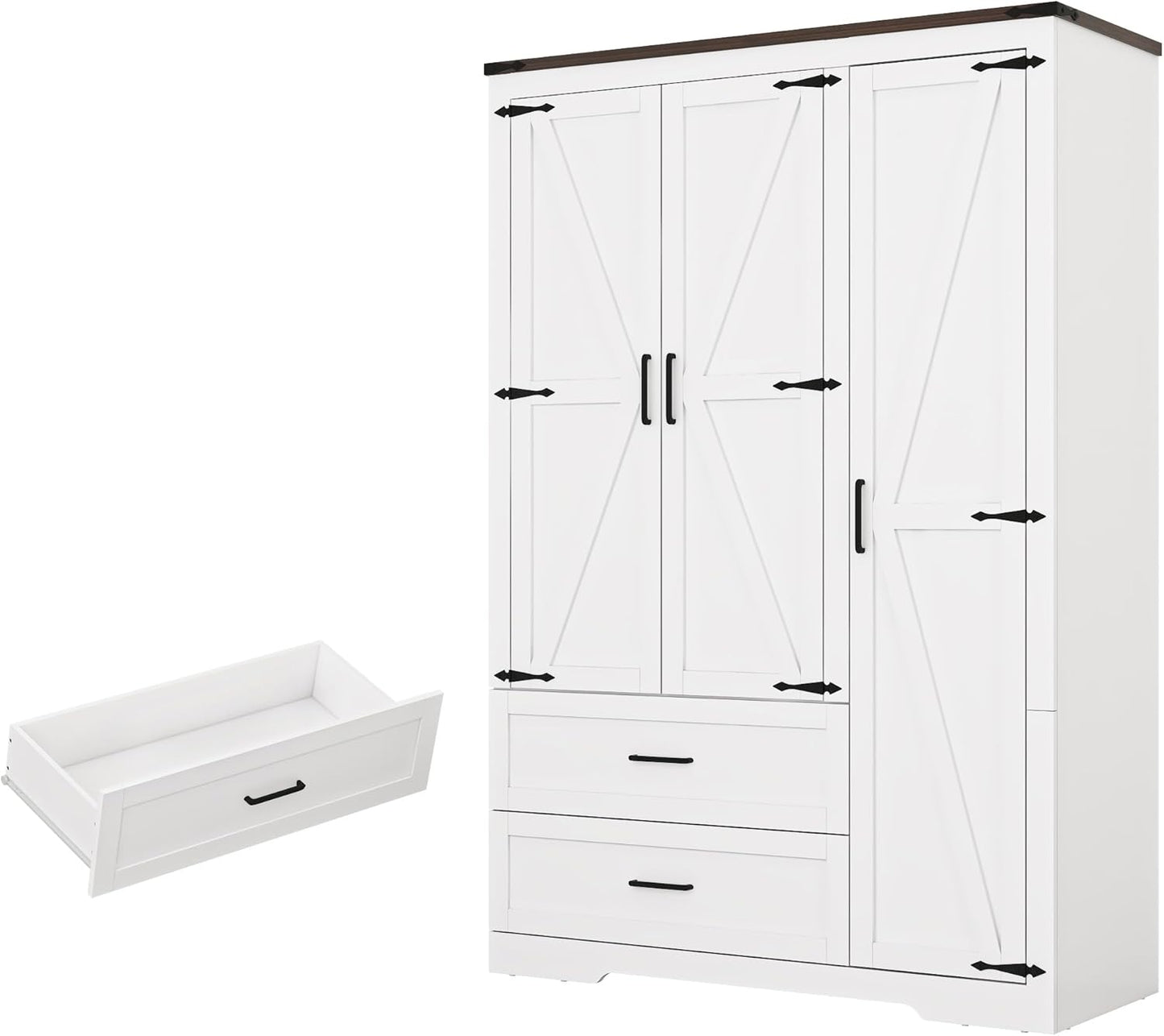 Farmhouse Wardrobe Armoire Closet with 3 Doors and 2 Drawers, 70.1" Wooden Clothing Storage Cabinet, Freestanding Large Capacity Storage Wardrobe Armoire with Hanging Rod for Bedroom, White